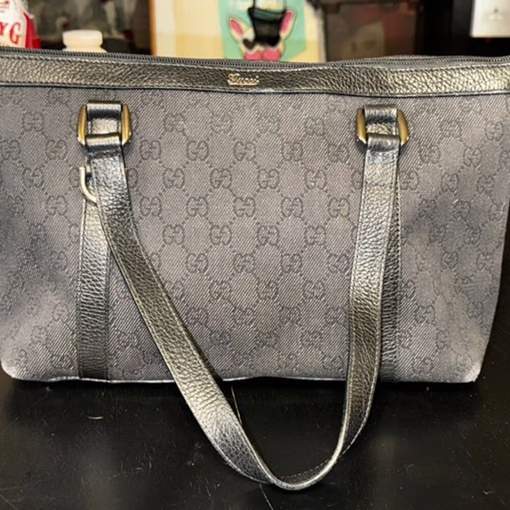 Gucci Abbey Black GG Canvas with Leather Trim Small Tote